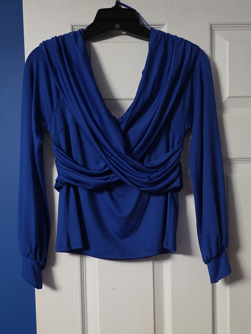 FAVLUX Draped Wrap-Front Long Sleeve Top - Blue